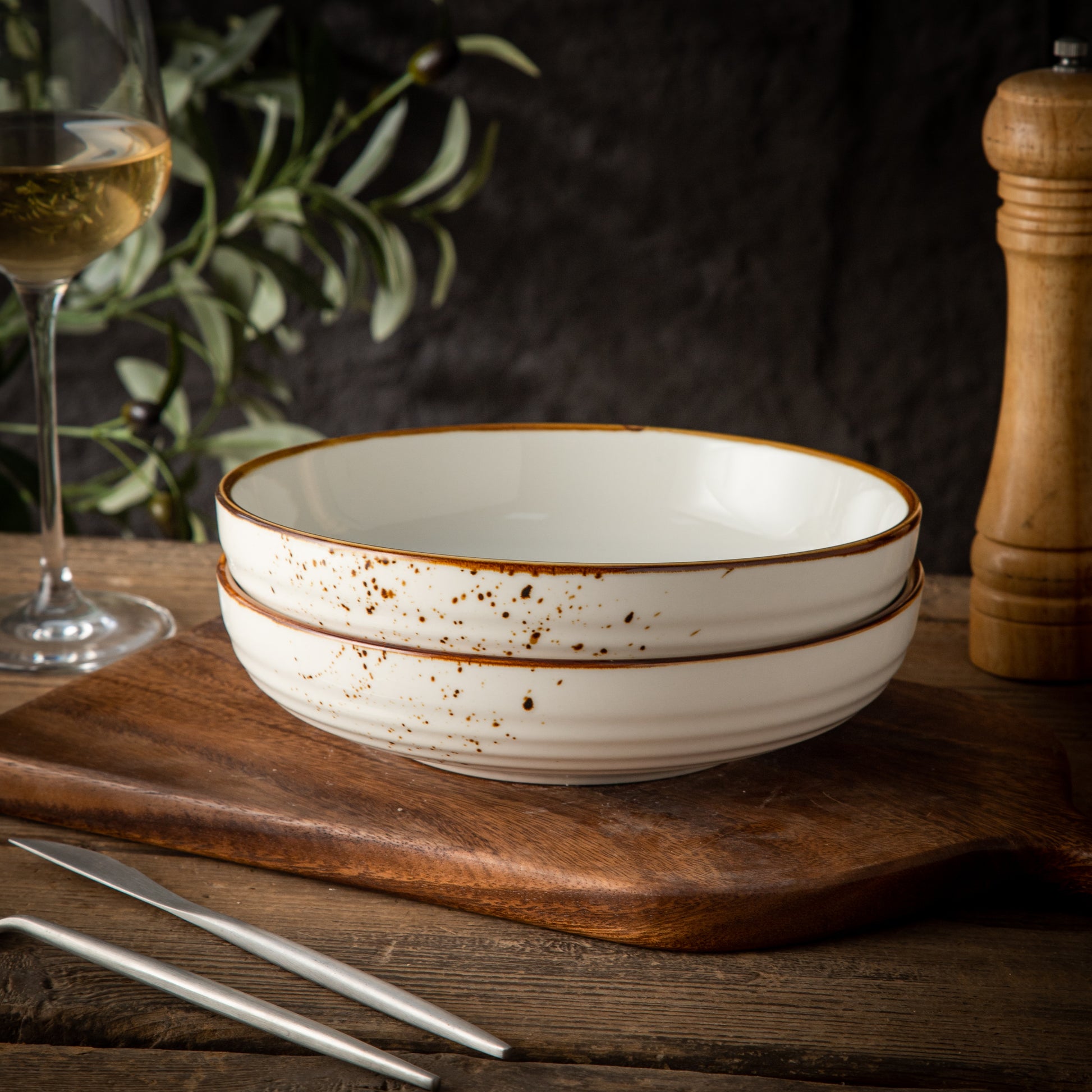 Multipurpose Porcelain Bowls - Set of 2 White Rustic Speckled Design