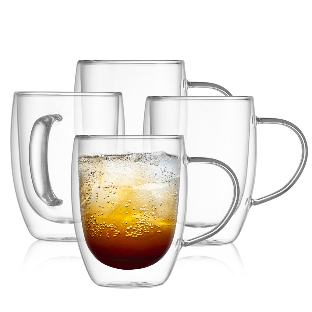 Double Walled Glass Mugs with Handle, Set of 4 - 350ml (12oz)