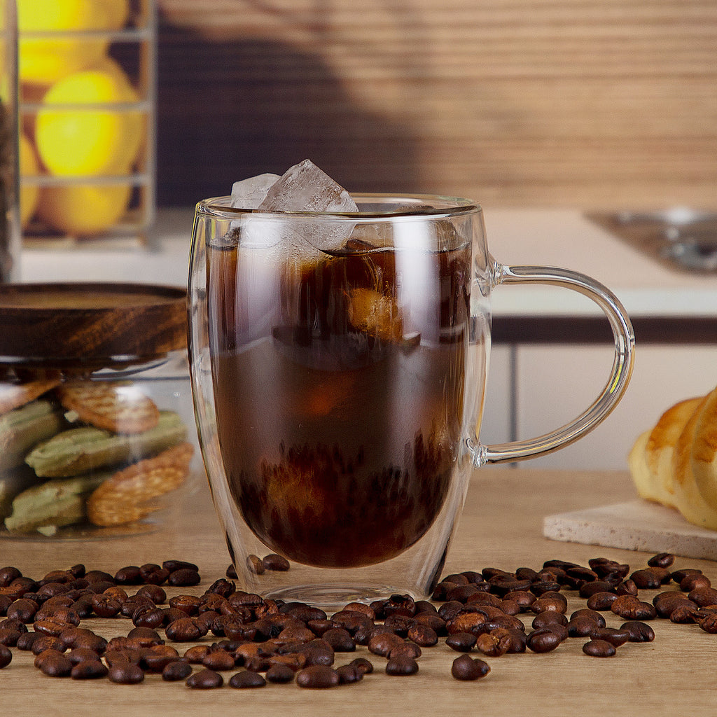 Double Walled Glass Mugs with Handle, Set of 4 - 350ml (12oz)