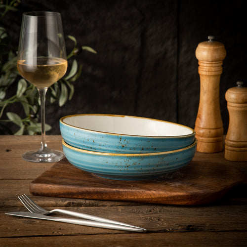 Multipurpose Porcelain Bowls - Set of 2 Blue Rustic Speckled Design