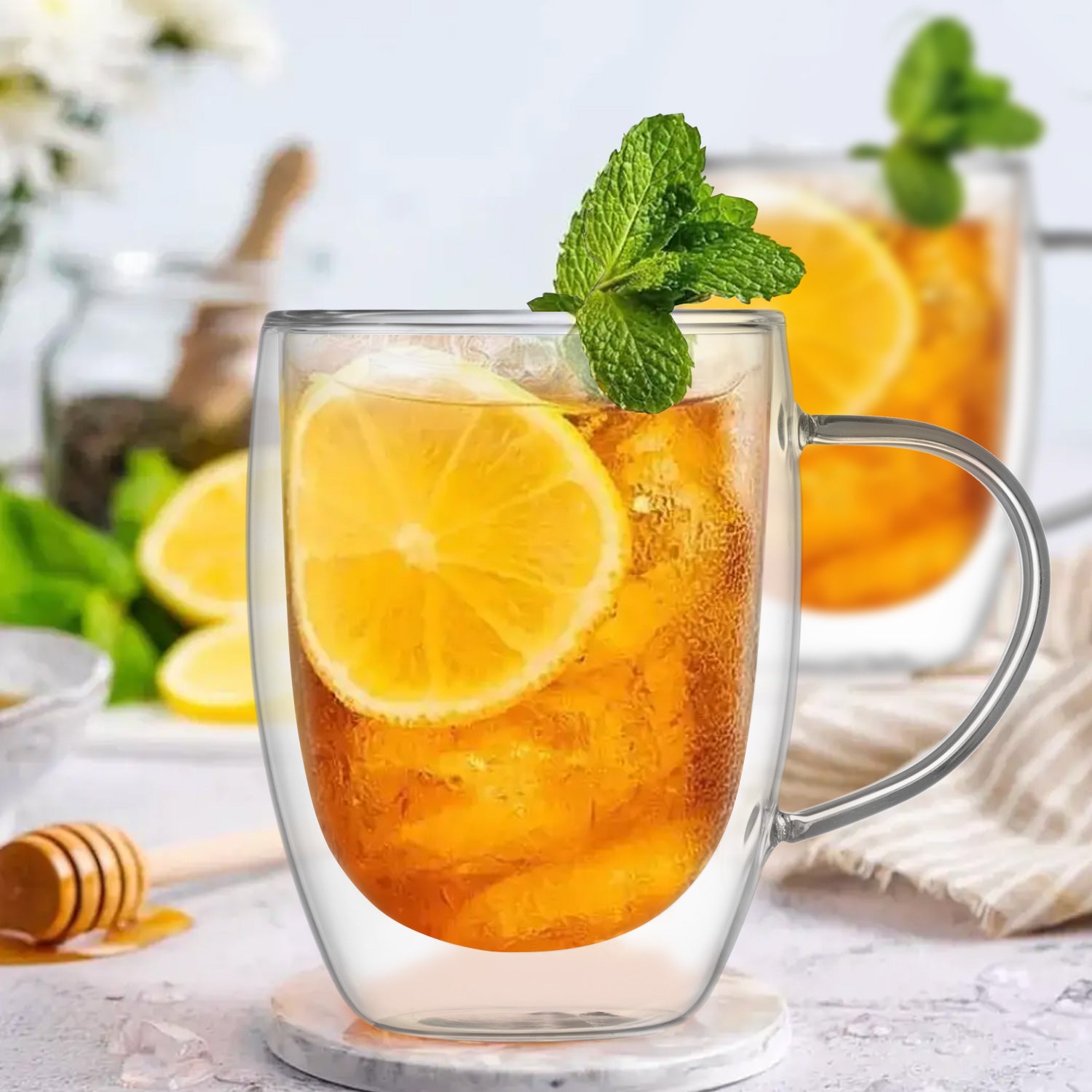 Double Walled Glass Mugs with Handle, Set of 4 - 350ml (12oz)