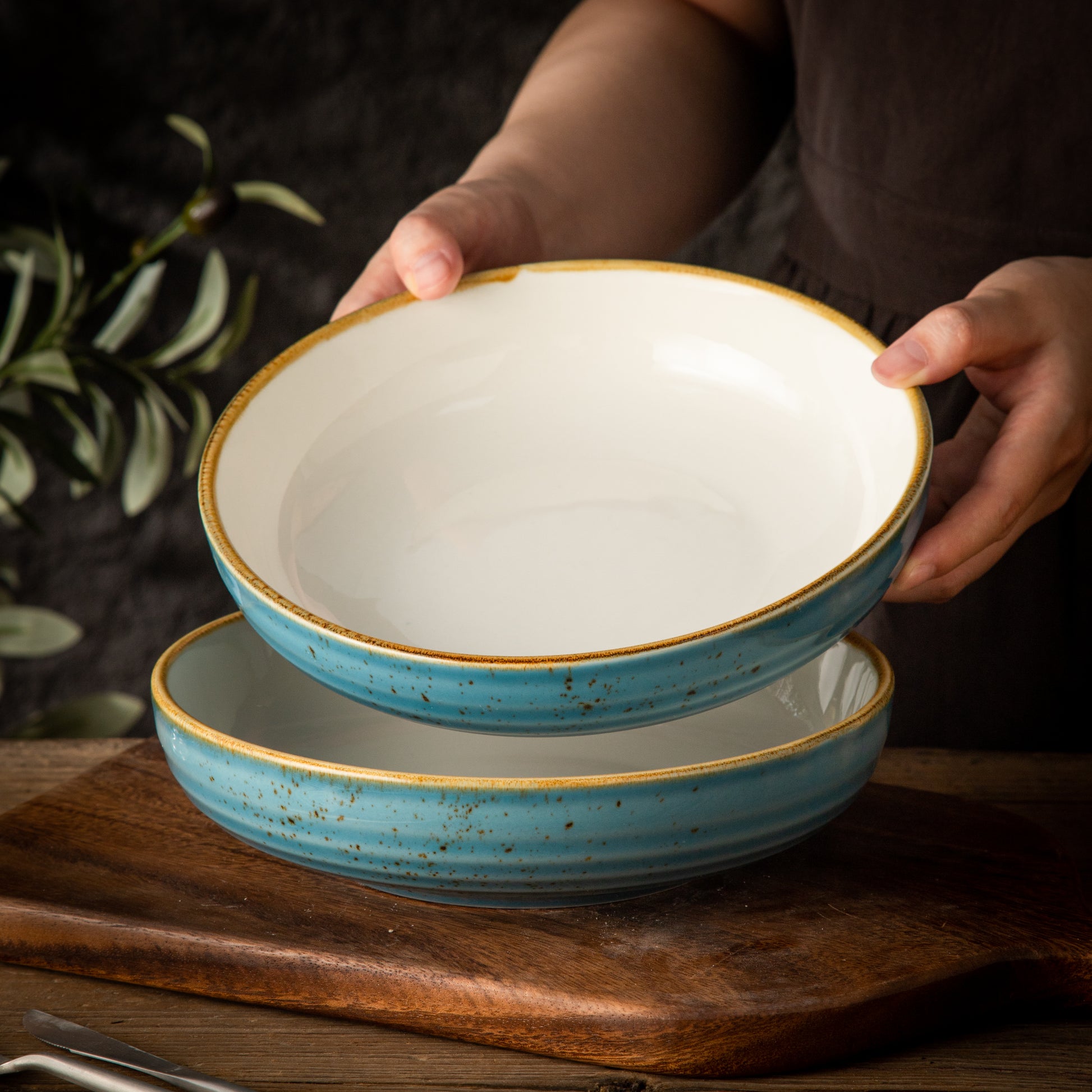 Multipurpose Porcelain Bowls - Set of 2 Blue Rustic Speckled Design