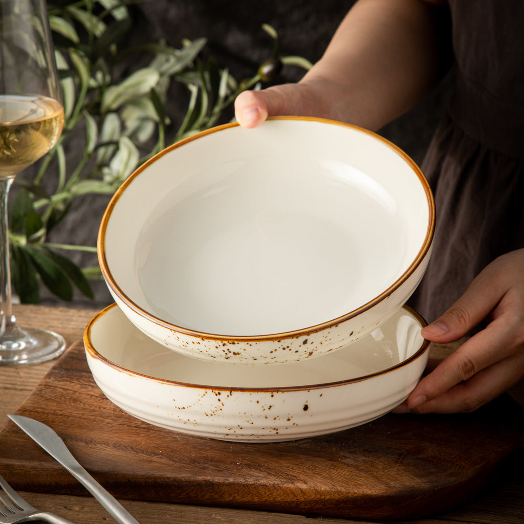 Multipurpose Porcelain Bowls - Set of 2 White Rustic Speckled Design