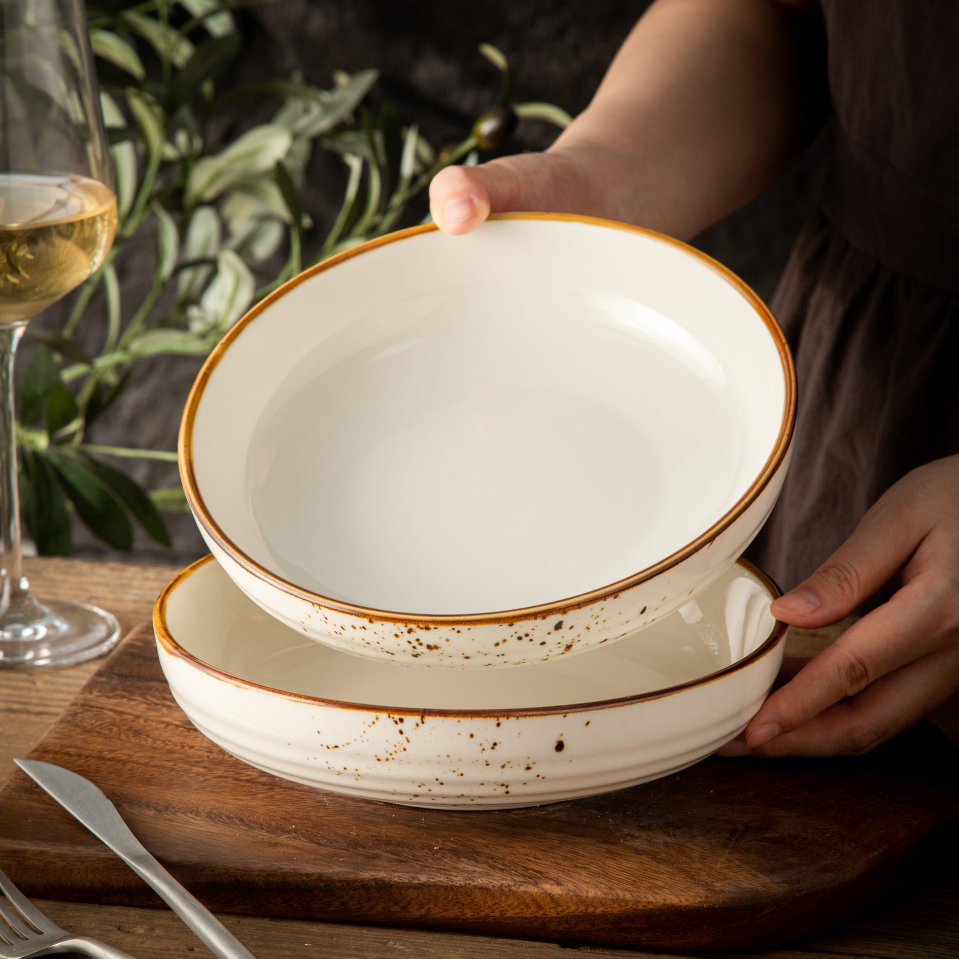 Multipurpose Porcelain Bowls - Set of 2 White Rustic Speckled Design