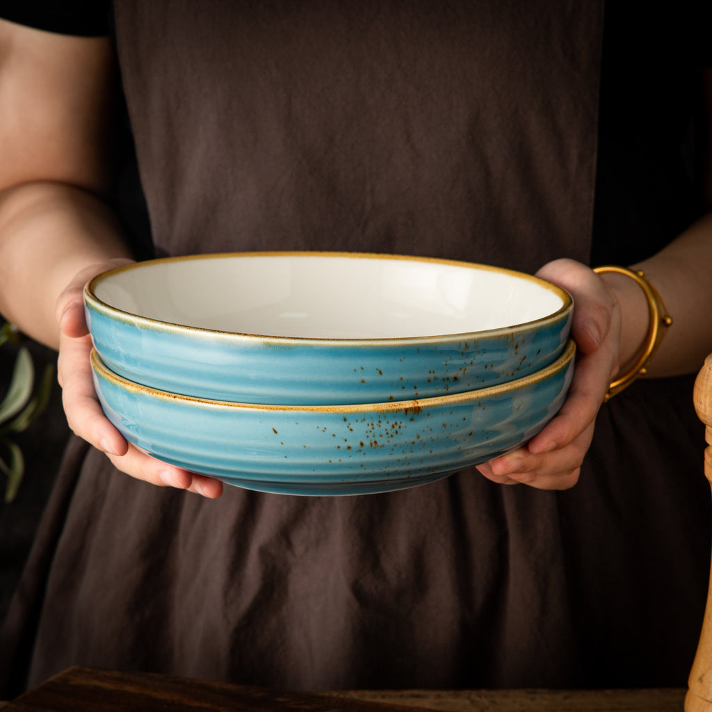 Multipurpose Porcelain Bowls - Set of 2 Blue Rustic Speckled Design
