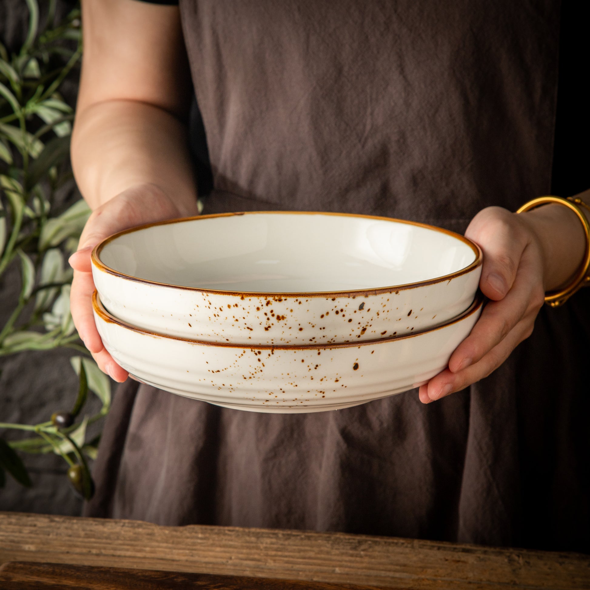 Multipurpose Porcelain Bowls - Set of 2 White Rustic Speckled Design